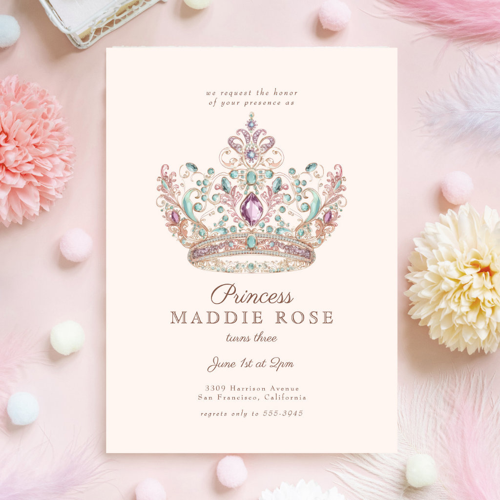 Pink Gold Princess Crown Fairytale Birthday Party Invitation