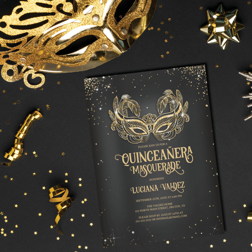 Masquerade Sparkly Gold Glitter Black Quinceañera Invitation