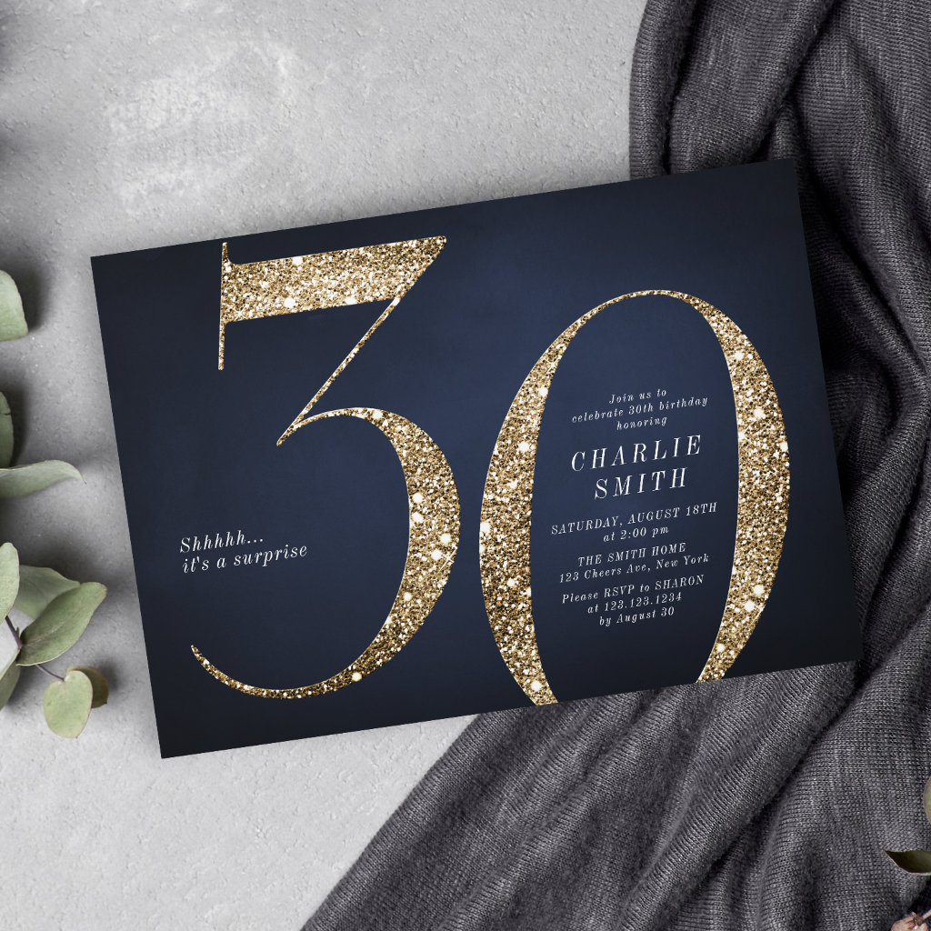 Modern minimalist navy gold glitter 30th birthday invitation