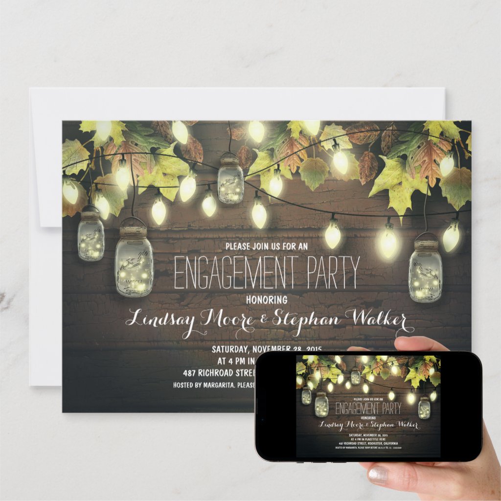 string lights mason jars fall engagement party invitation