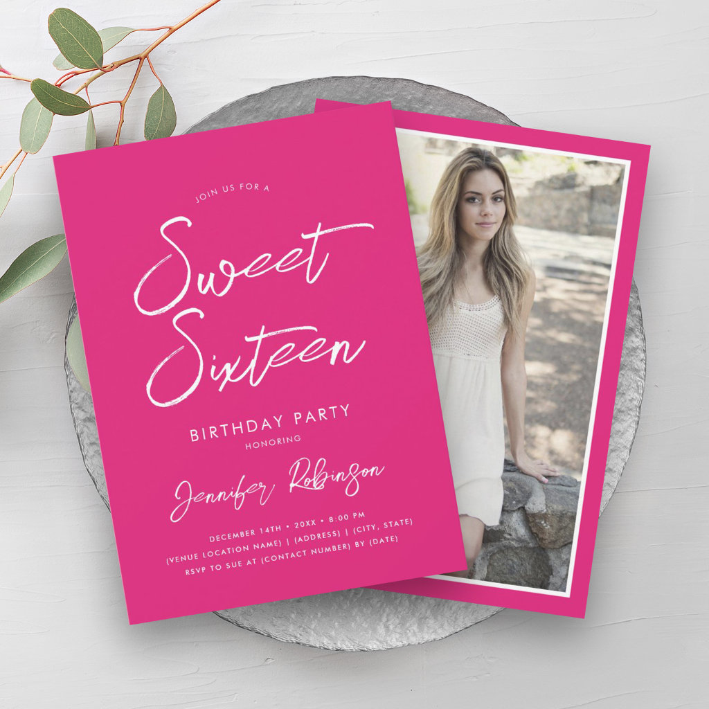 Modern Hot Pink Photo Sweet 16 Party Invitation