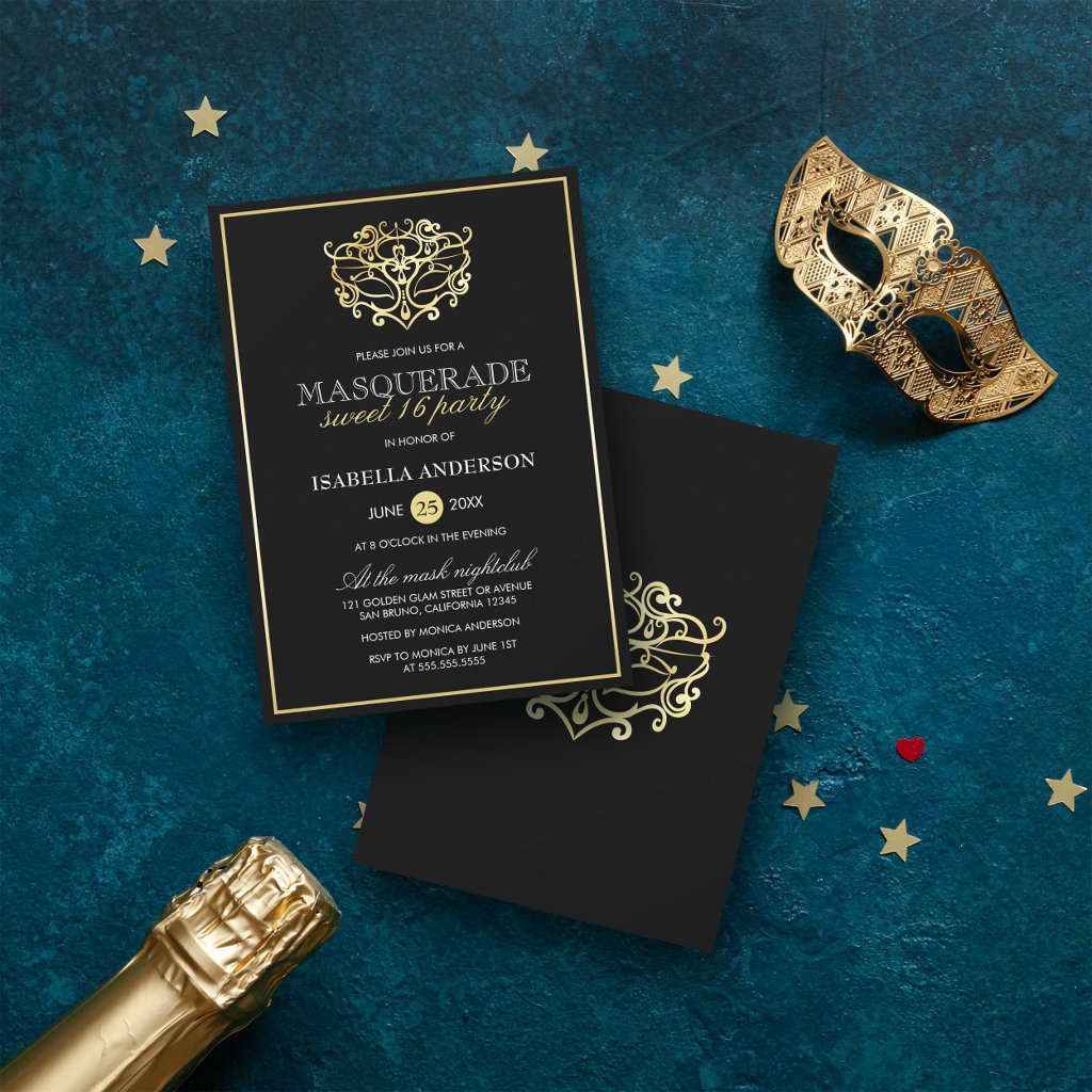 Elegant Gold & Black Masquerade Sweet 16 Party Invitation