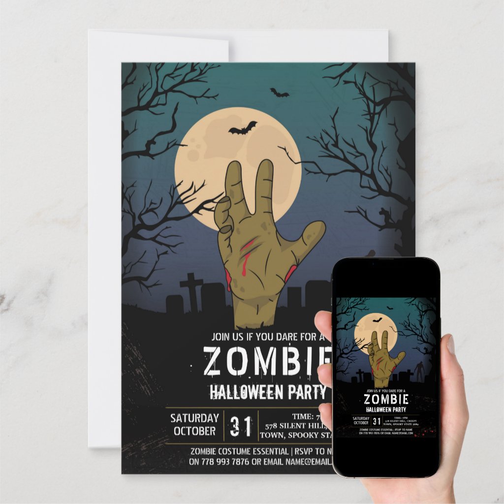 Zombie Halloween Party Apocalypse Graveyard Hand Invitation
