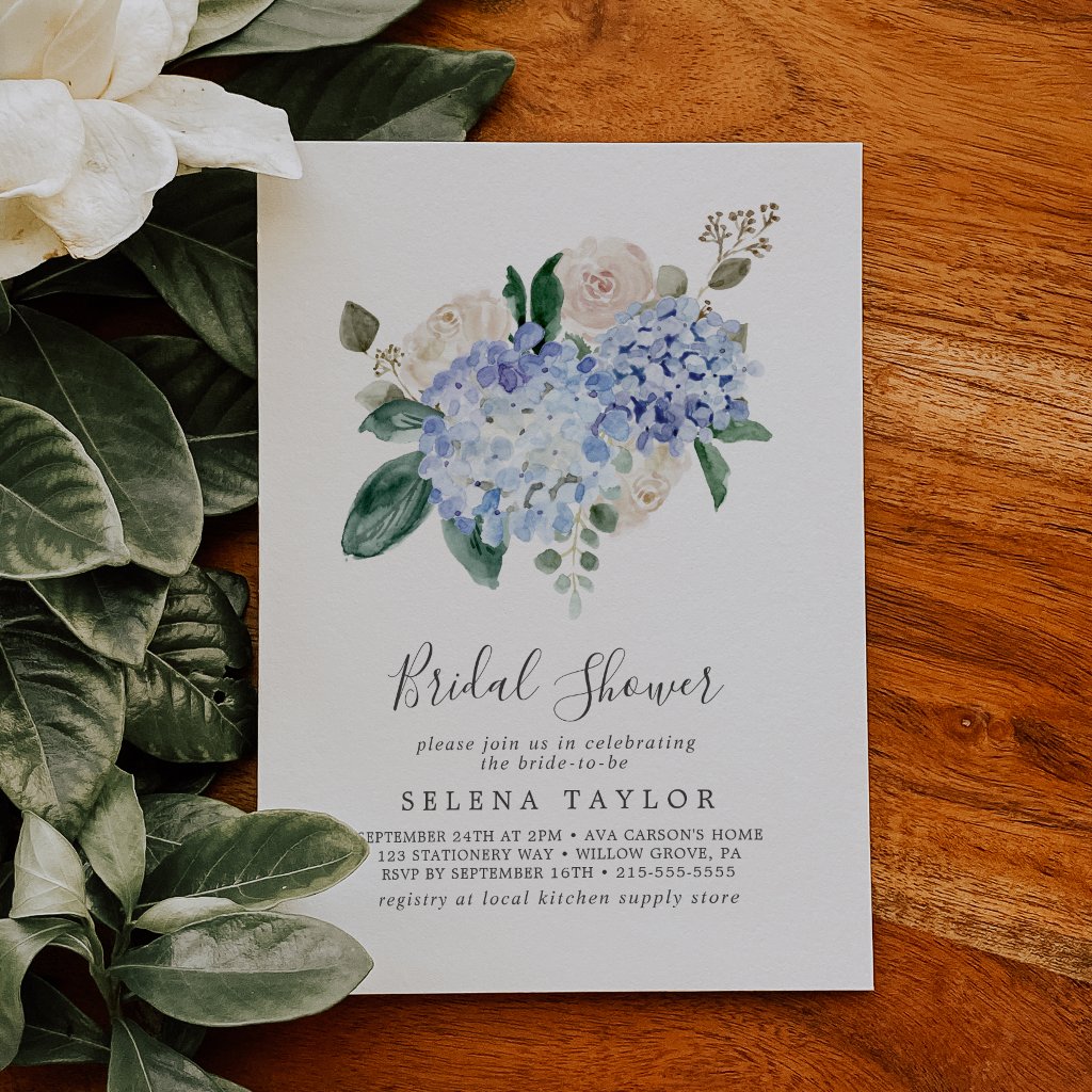 Elegant Blue Hydrangea with Details Bridal Shower Invitation