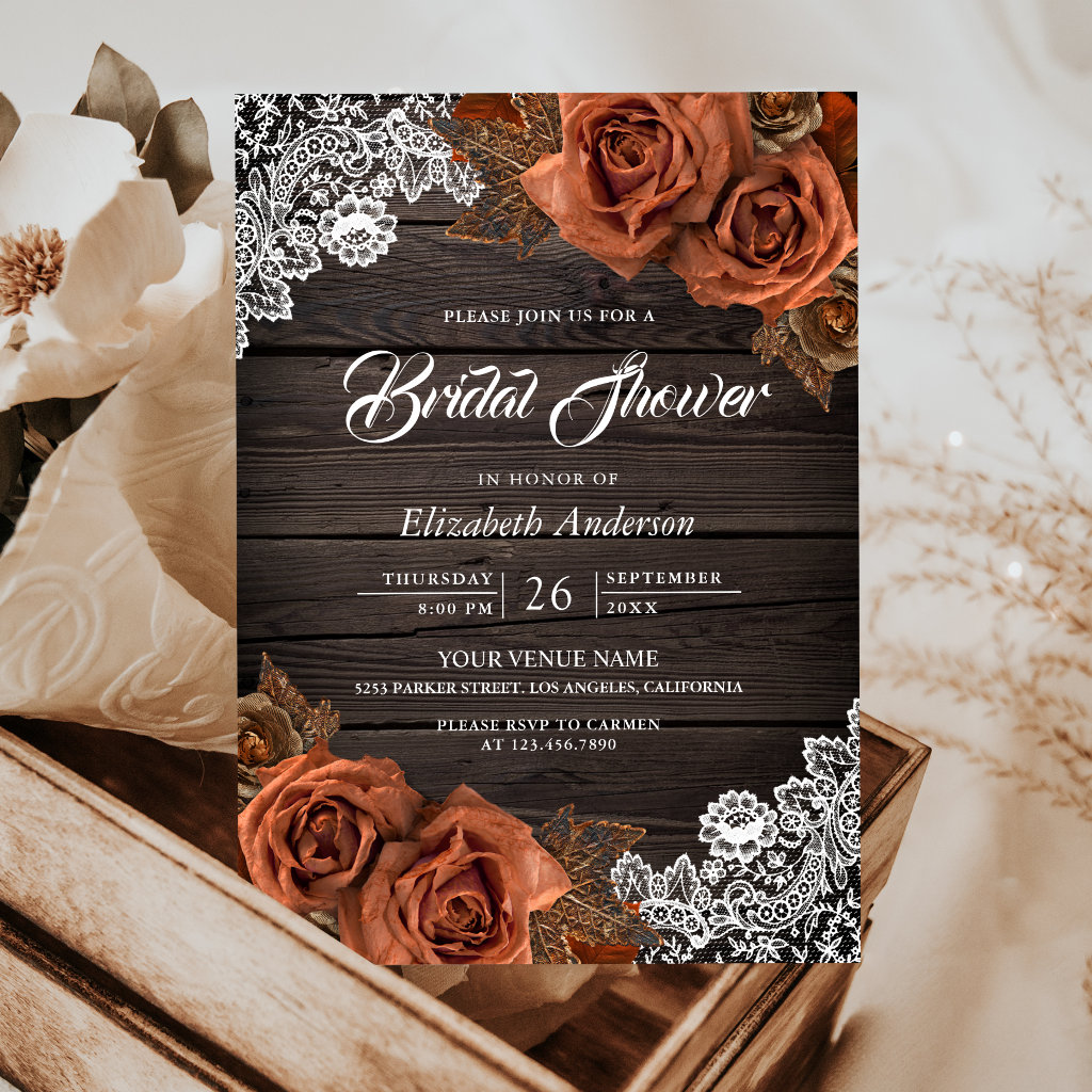 Rustic Wood Dusty Terracotta Rose Bridal Shower Invitation