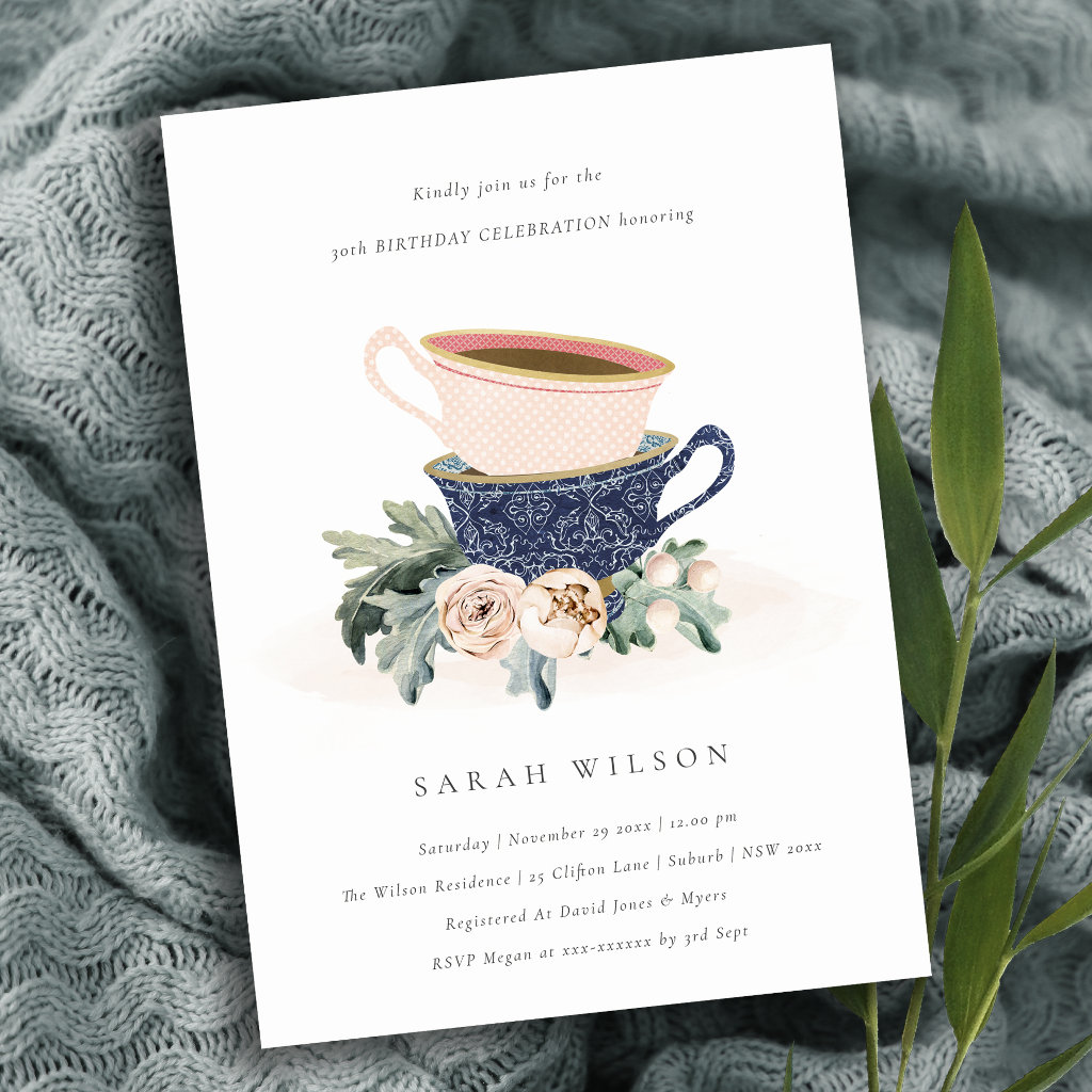 Blush Blue Cups Floral Any Age Birthday Invite