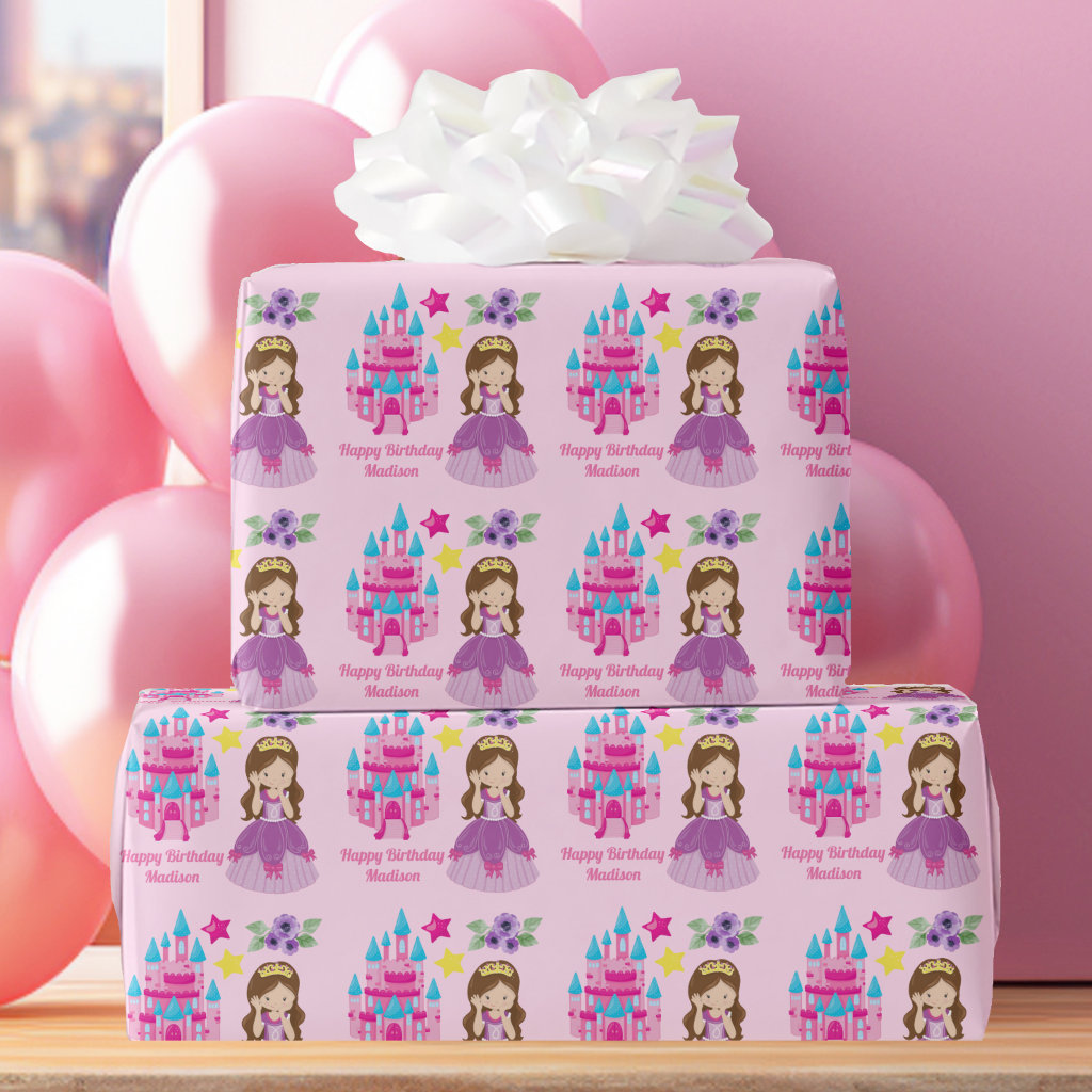 Cute Pink Princess Castle Custom Birthday Girl Wrapping Paper