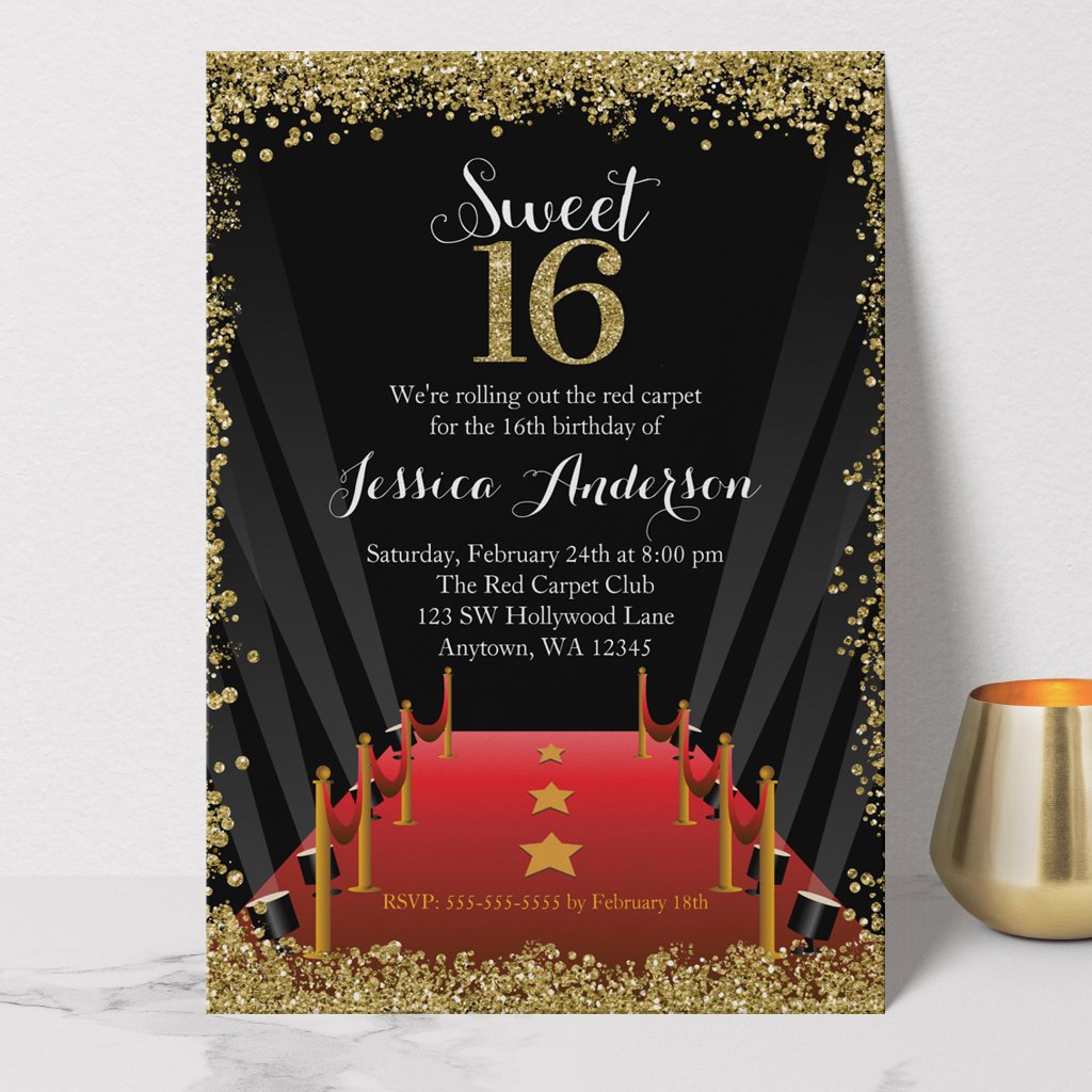 Red Carpet Hollywood Glitter Sweet 16 Birthday Invitation