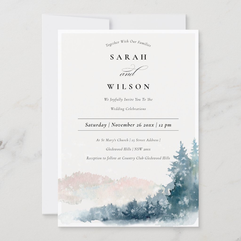 Blush Blue Pine Snow Mountains Wedding Invite
