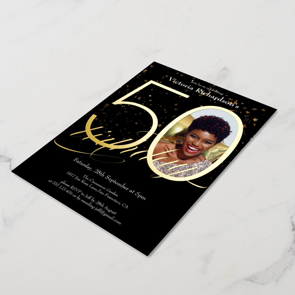 50th Birthday Elegant Confetti Black Gold Photo Foil Invitation