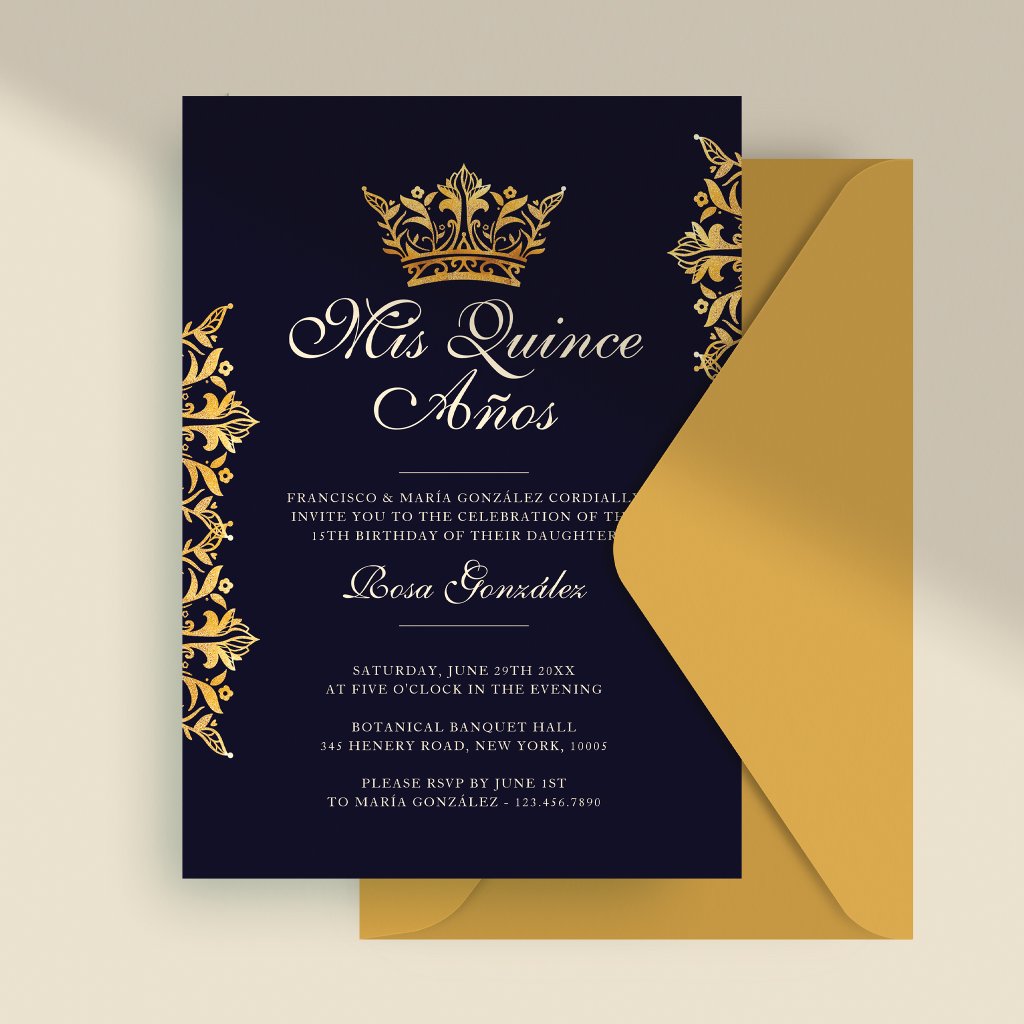 Royal Gold Leaf Crown Elegant Navy Quinceañera Invitation