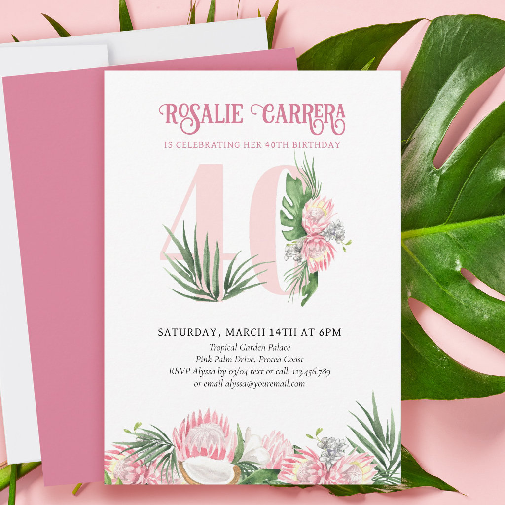 40th Birthday Party Tropical Pink Protea Number 40 Invitation