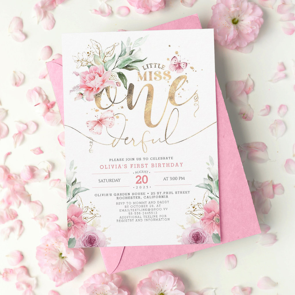 Little Miss ONEderful Pink Floral 1st Birthday Invitation