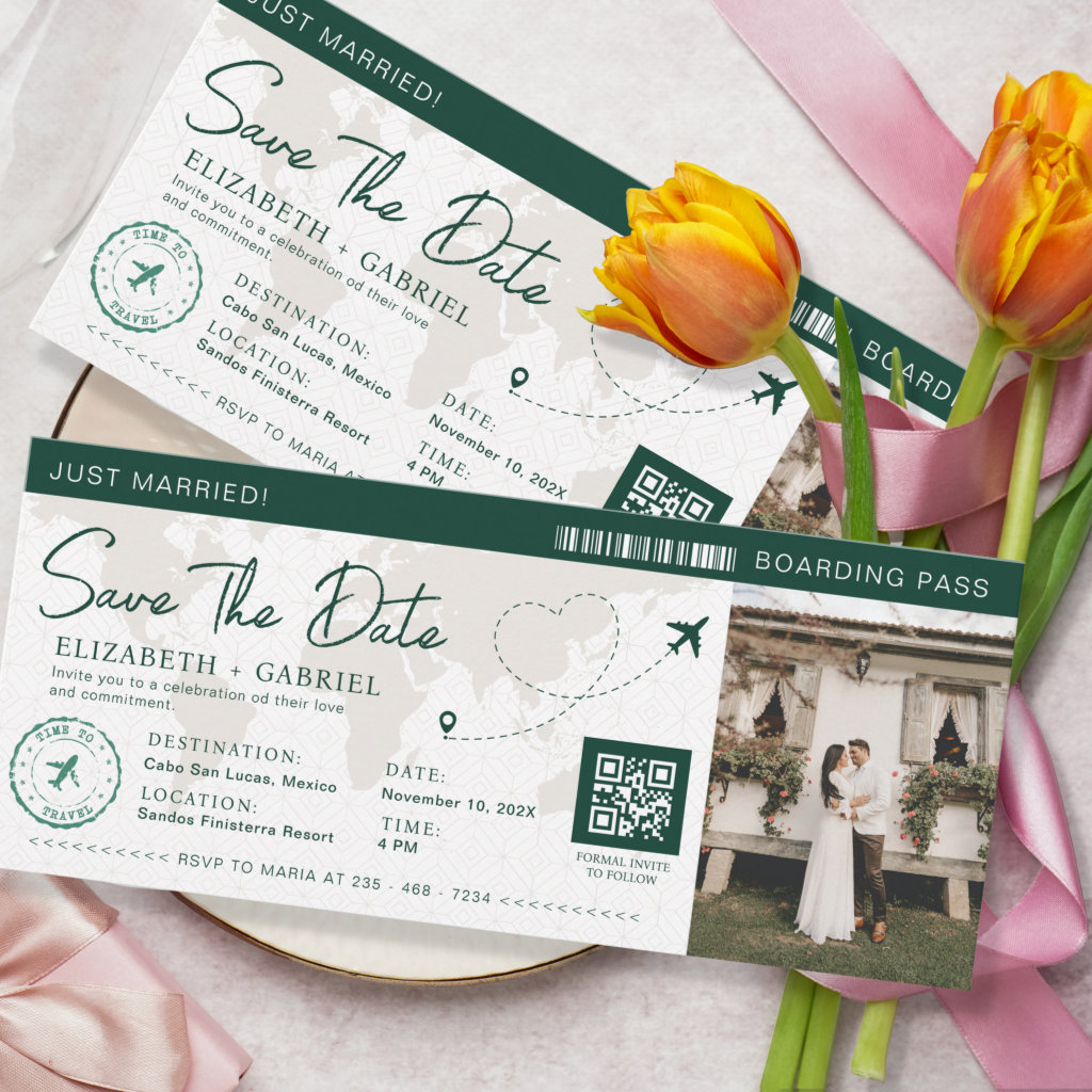 Save The Date Boarding Pass Emerald Green Travel Invitation
