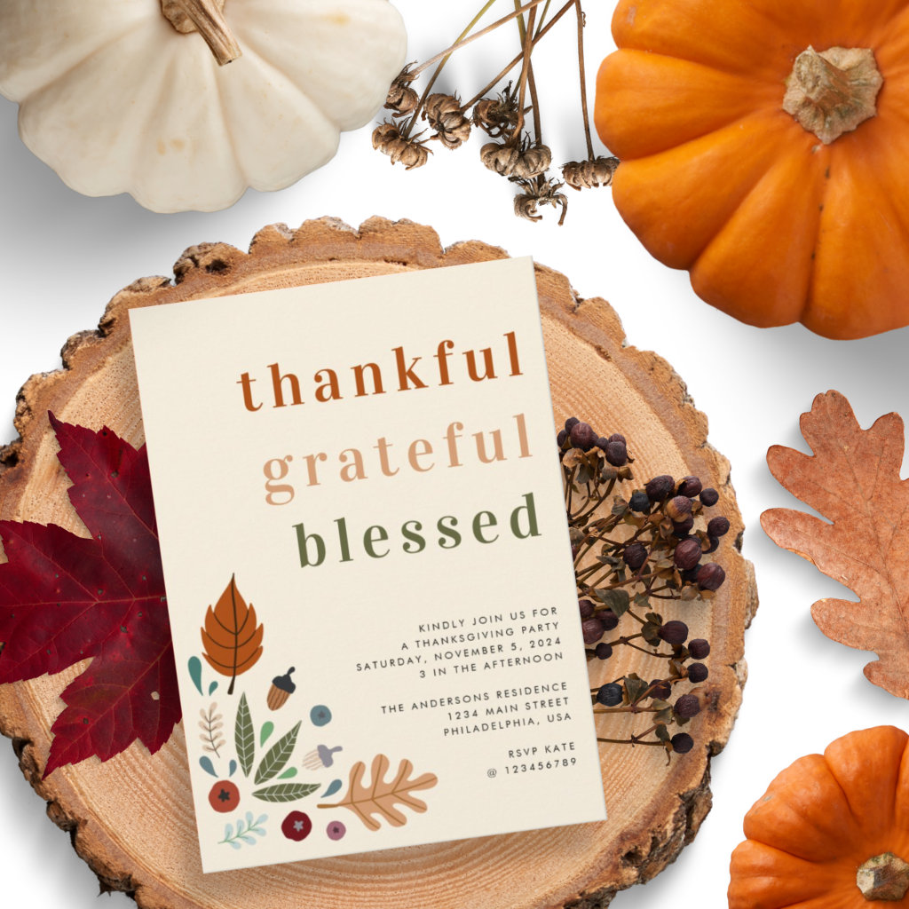 Thankful Grateful Blessed Chic Thanksgiving Party Invitation