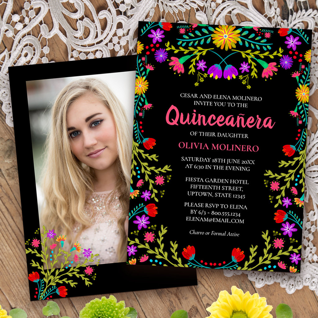 Quinceanera Mexican Fiesta Floral Black Photo Invitation