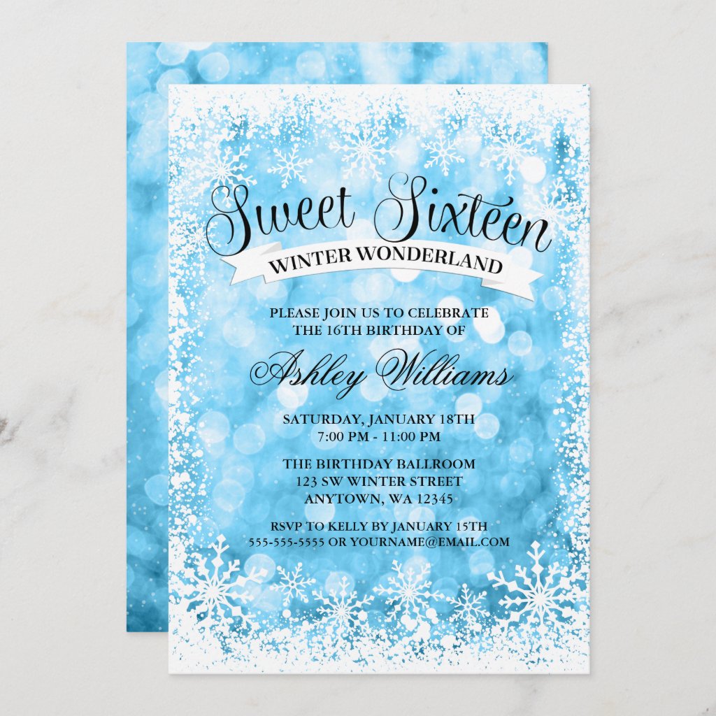 Sweet 16 Winter Wonderland Blue Glitter Lights Invitation