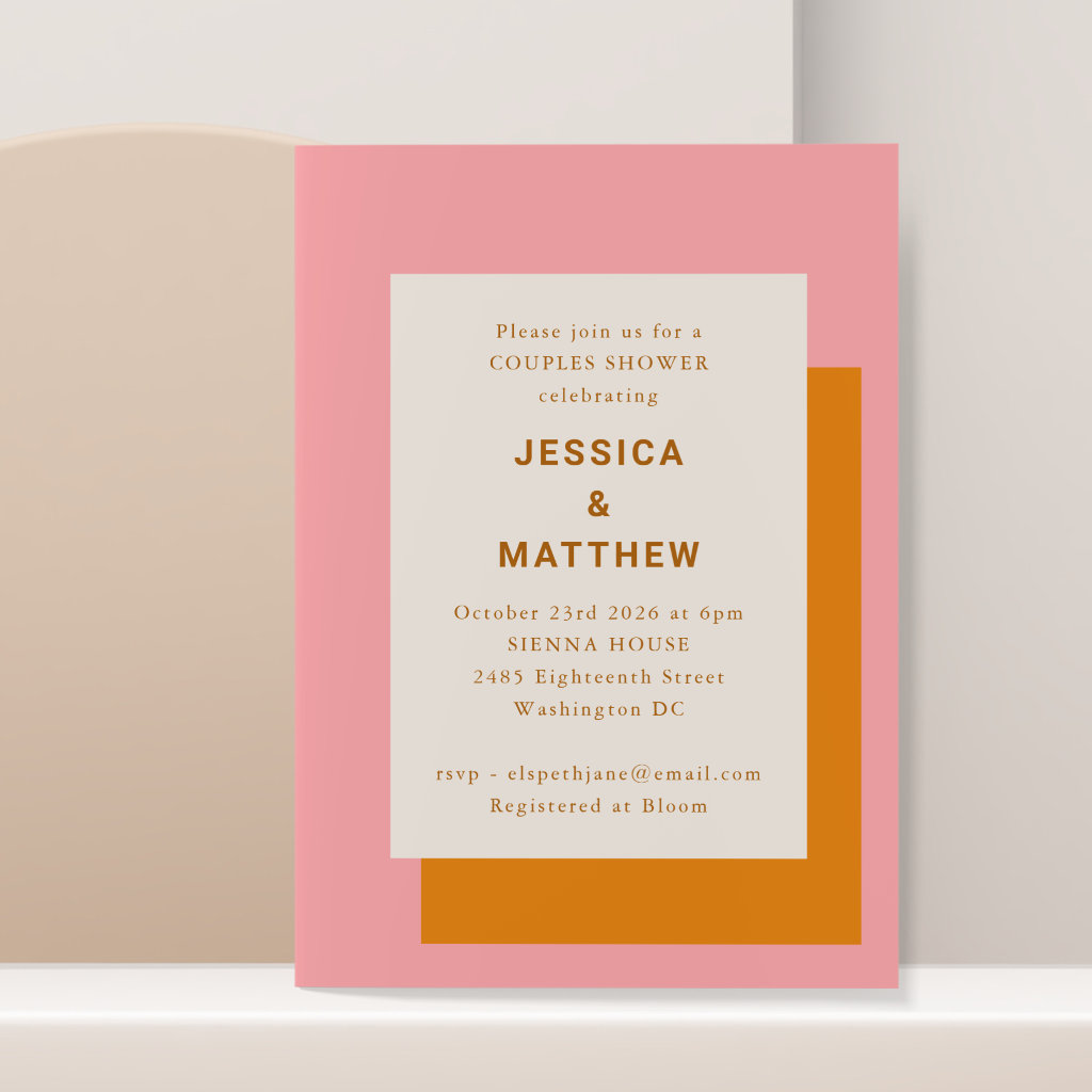 Modern Geometric Couples Shower Pink and Orange Invitation