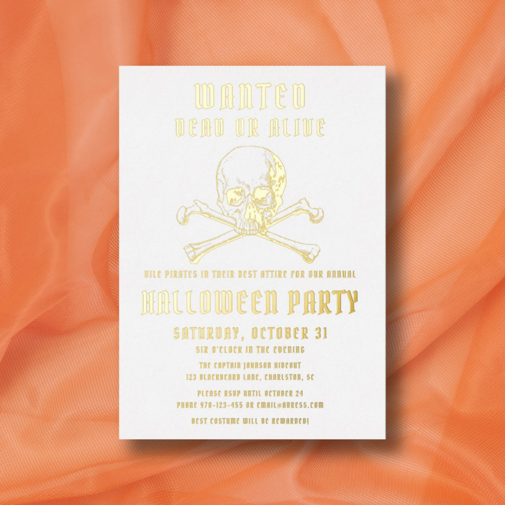 Vintage Pirate Skull & Bones Halloween Party Gold Foil Invitation