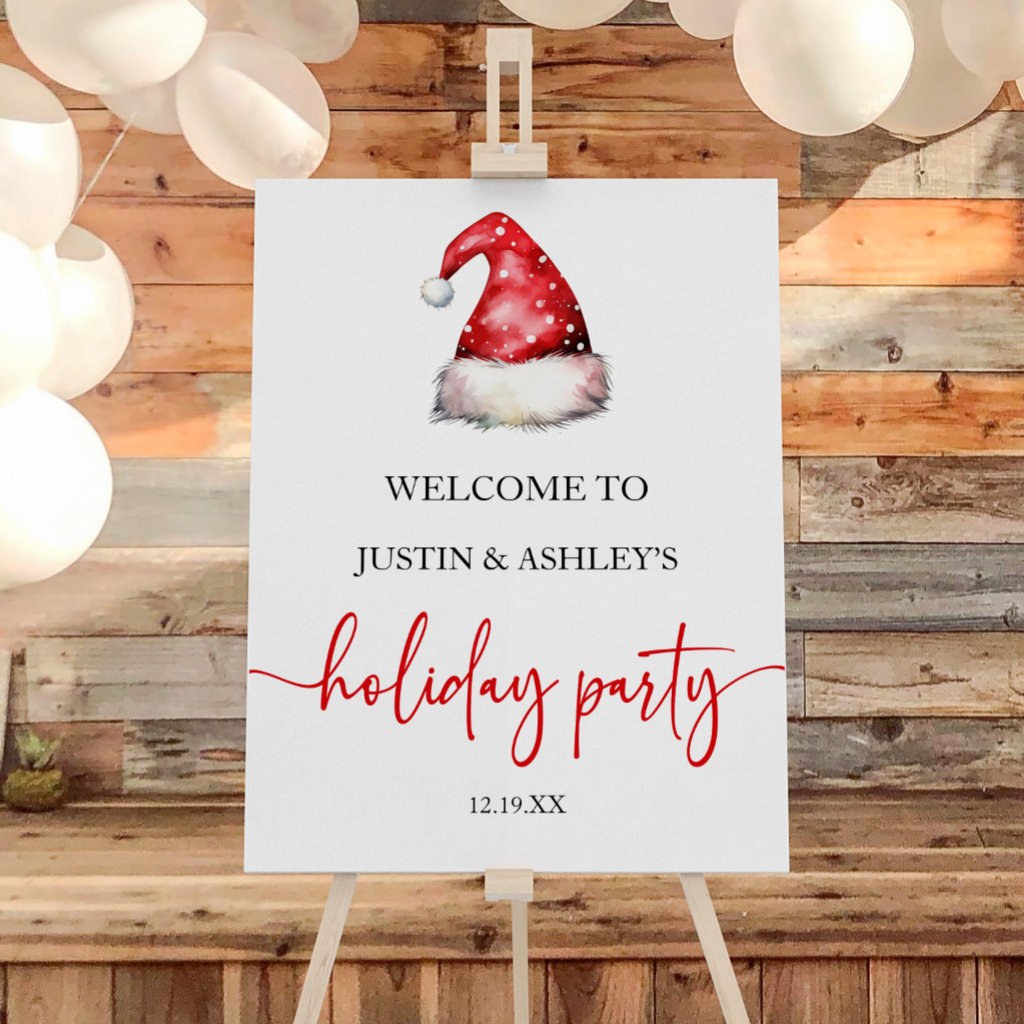 Santa Hat Red Christmas Holiday Party Welcome Sign