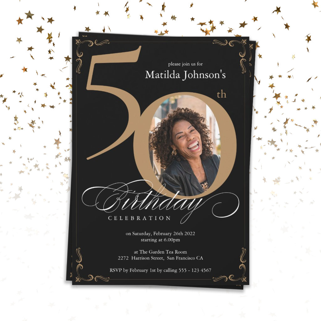 50th Birthday Elegant Black Gold Calligraphy Photo Invitation