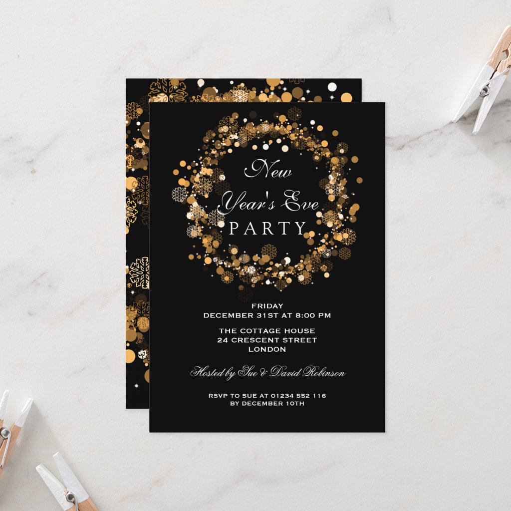 New Years Eve Party Festive Wreath Gold Invitation