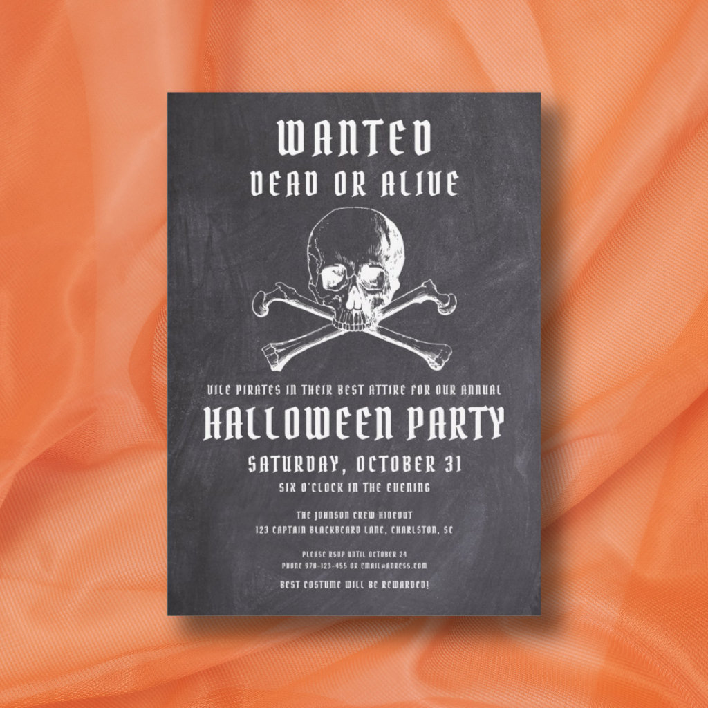 Vintage Pirate Skull & Bones Black Halloween Party Invitation