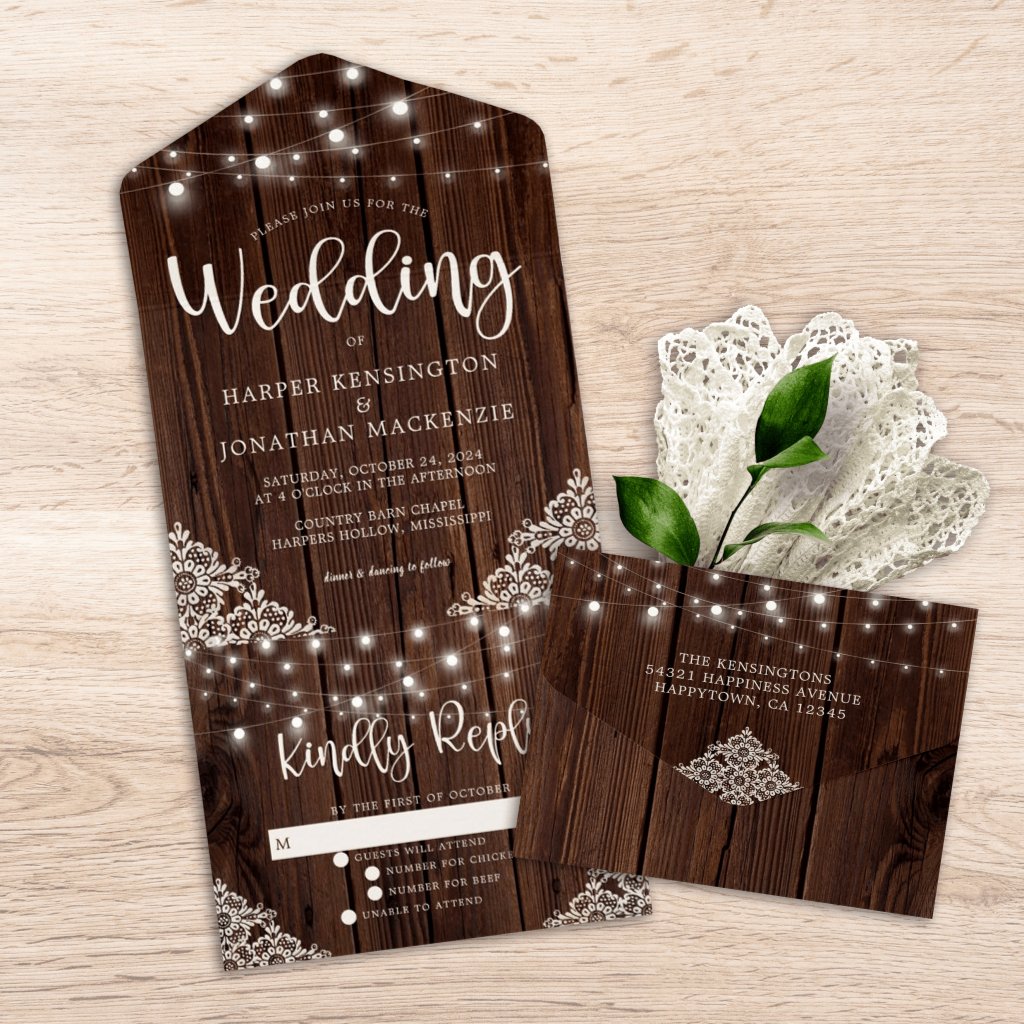 Rustic Wood Lace String Lights Wedding All In One Invitation