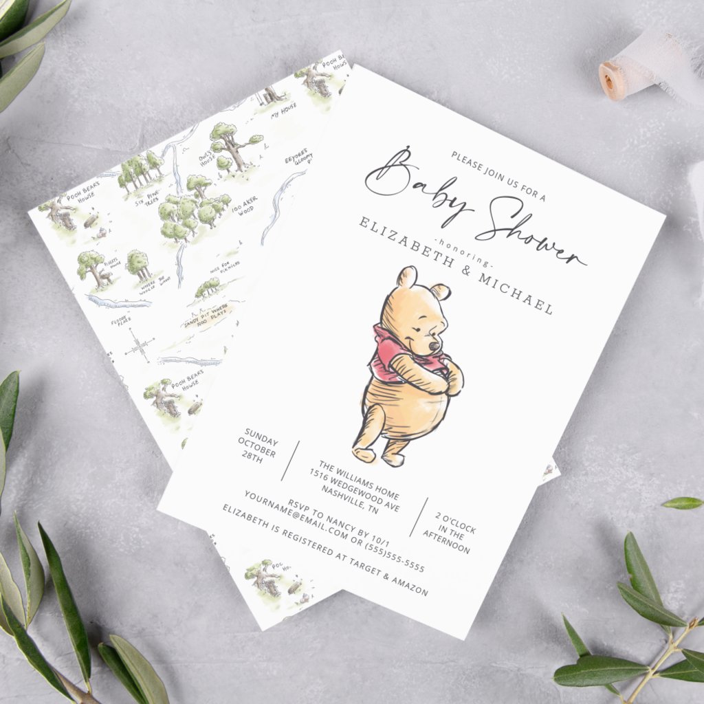 Simple Watercolor Winnie the Pooh Baby Shower Invitation