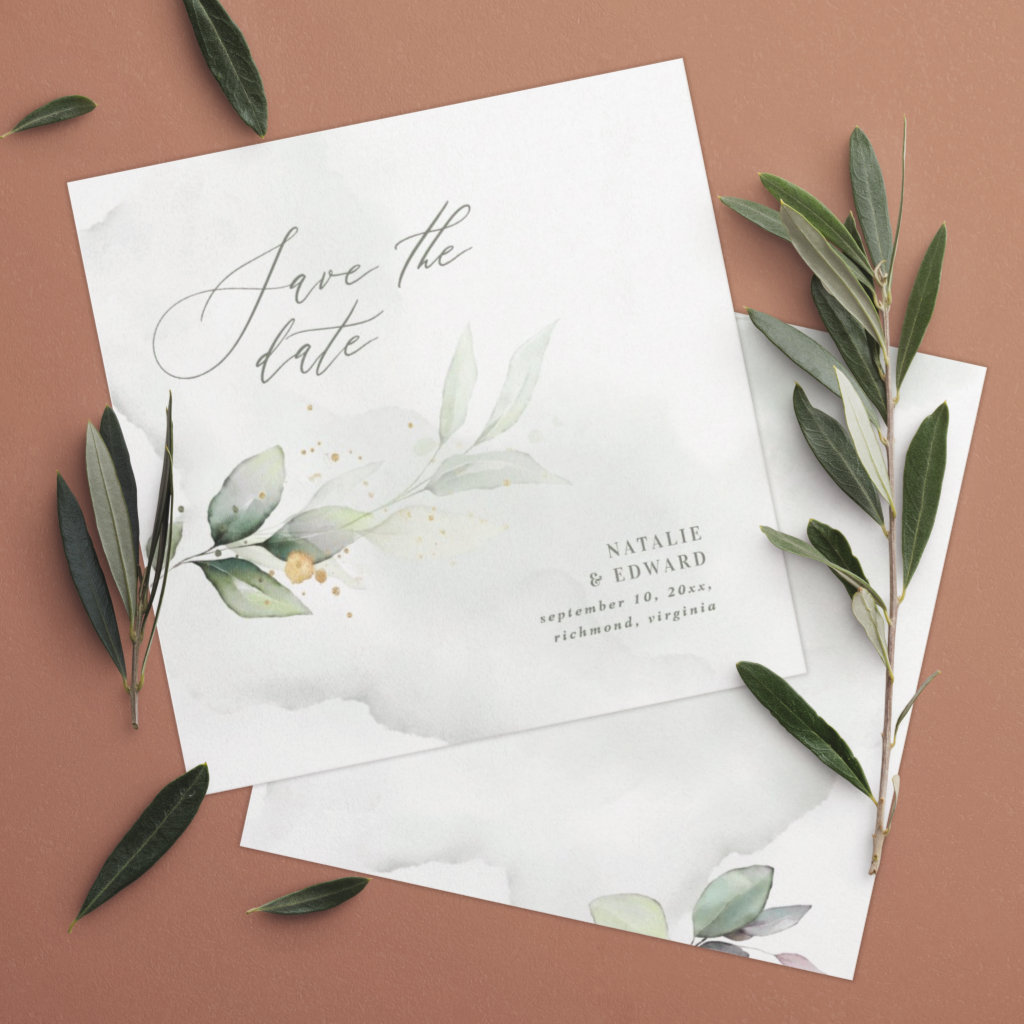 Watercolor foliage and metallic gold wedding save the date