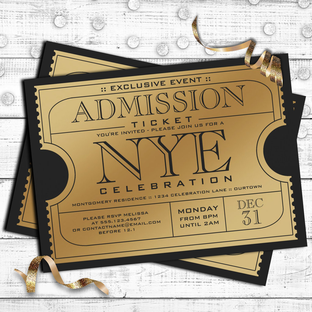 NYE Gold Ticket Party Invitations