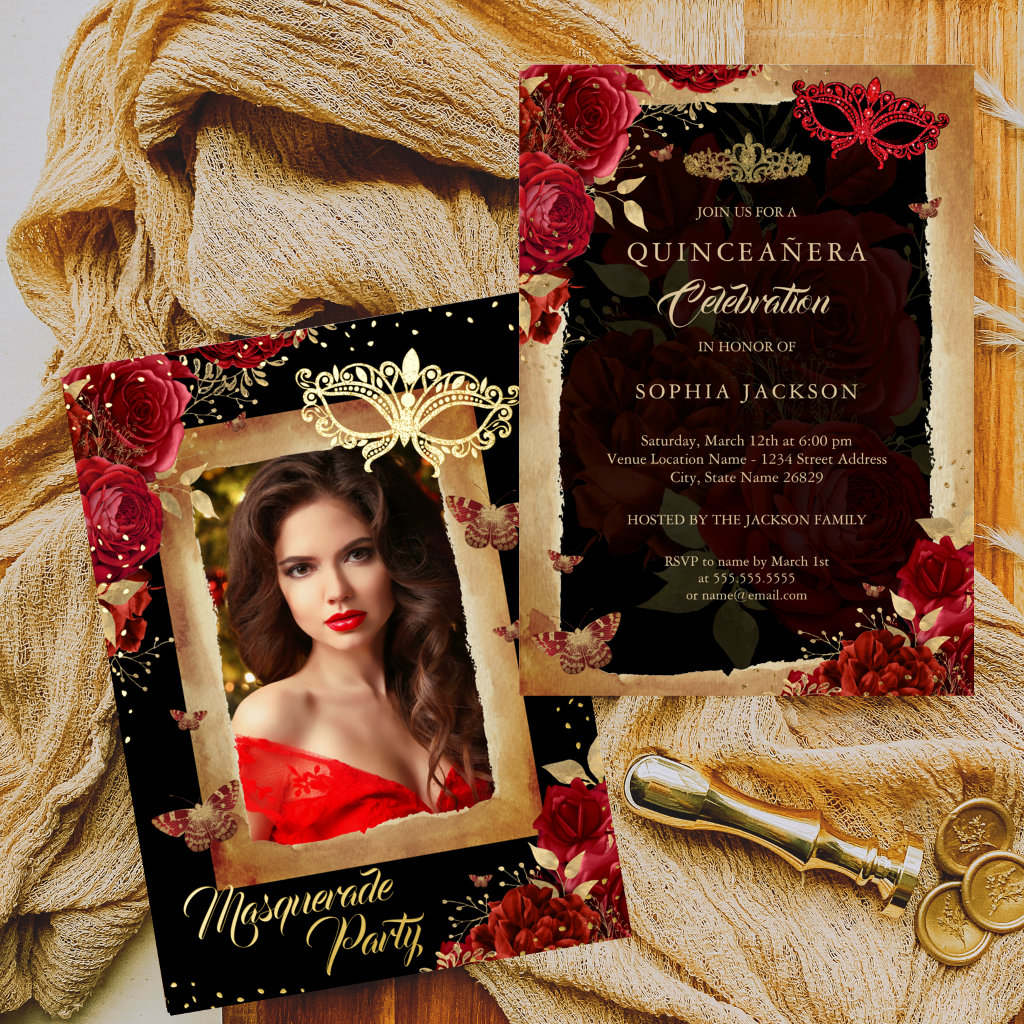 Quinceanera Photo Masquerade Party Red Rose Gold Foil Invitation