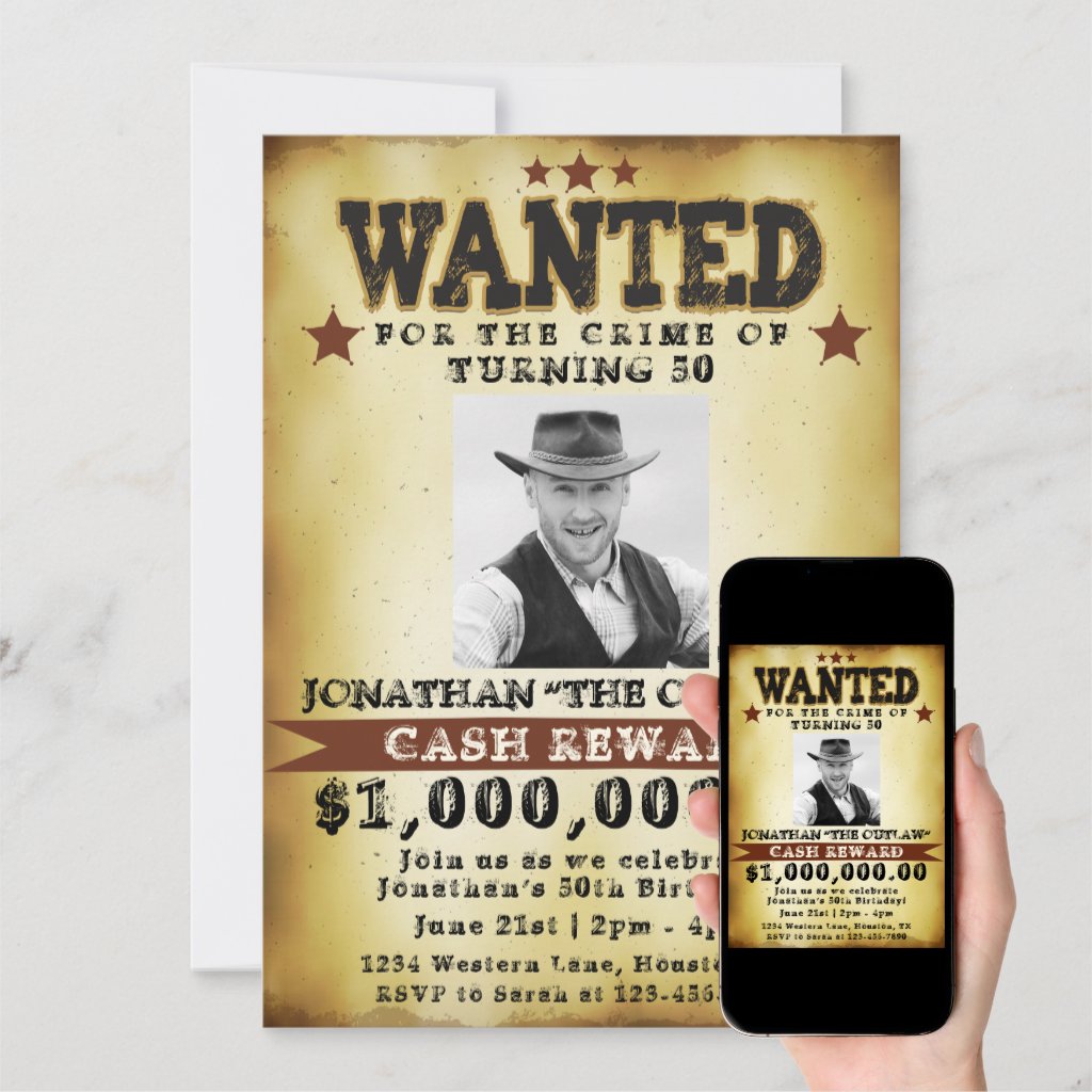 Men 50th Birthday Cowboy Wanted Poster Invitation
