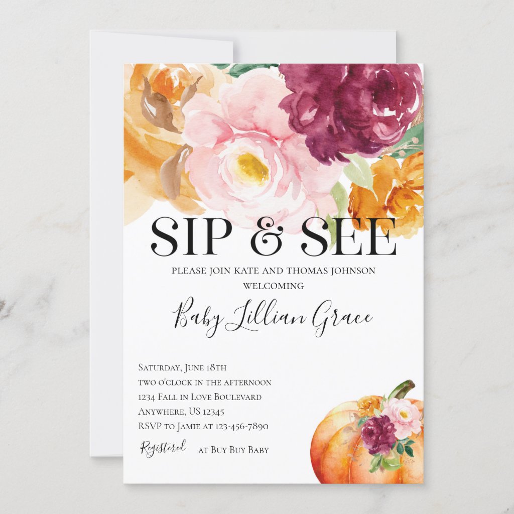 Sip and See Pumpkin Baby Shower Invitation