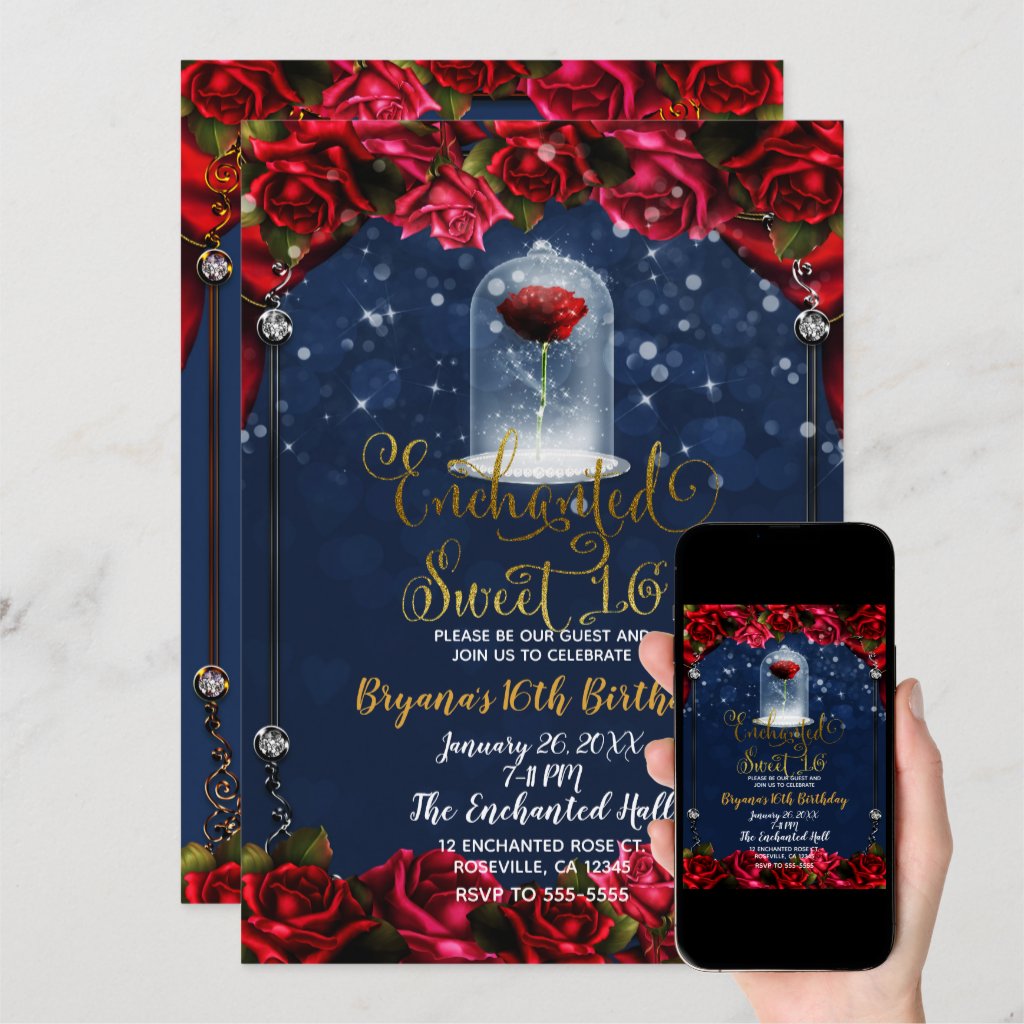 Rose Reds Navy Blue & Gold Sweet 16 Party Invitation
