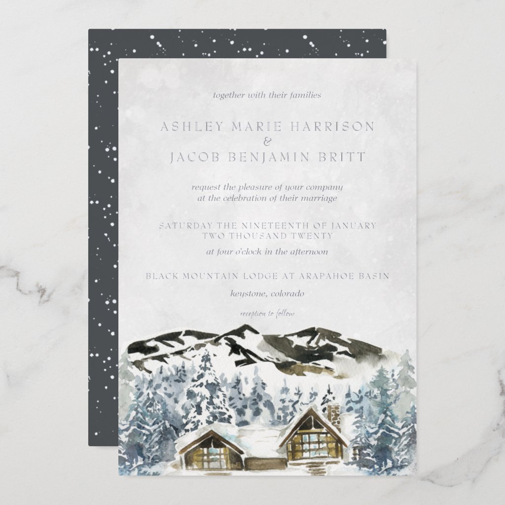 Rustic Winter Mountain Wedding Invitation Foil Invitation