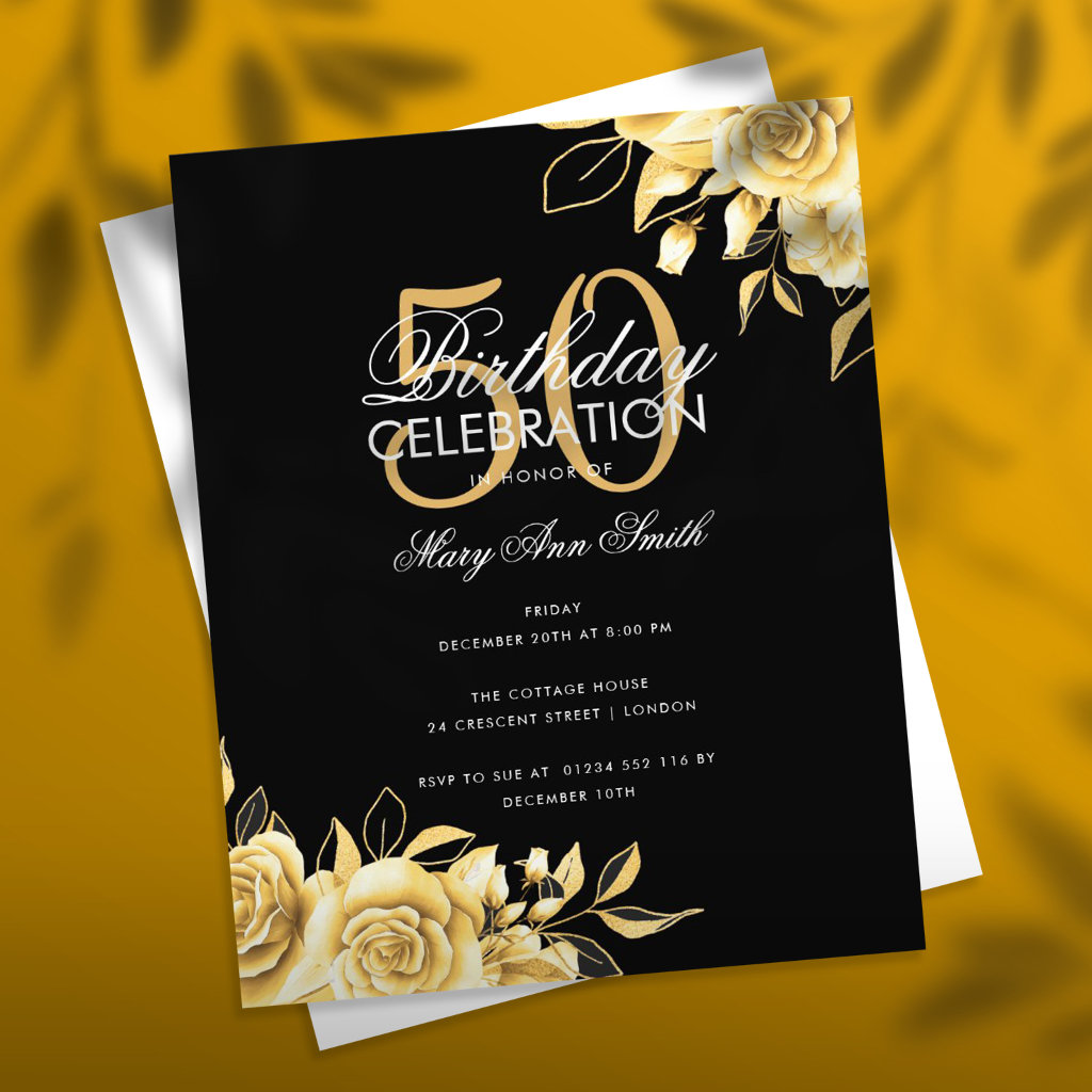 Budget Floral Birthday Party Elegant Gold & Black Flyer