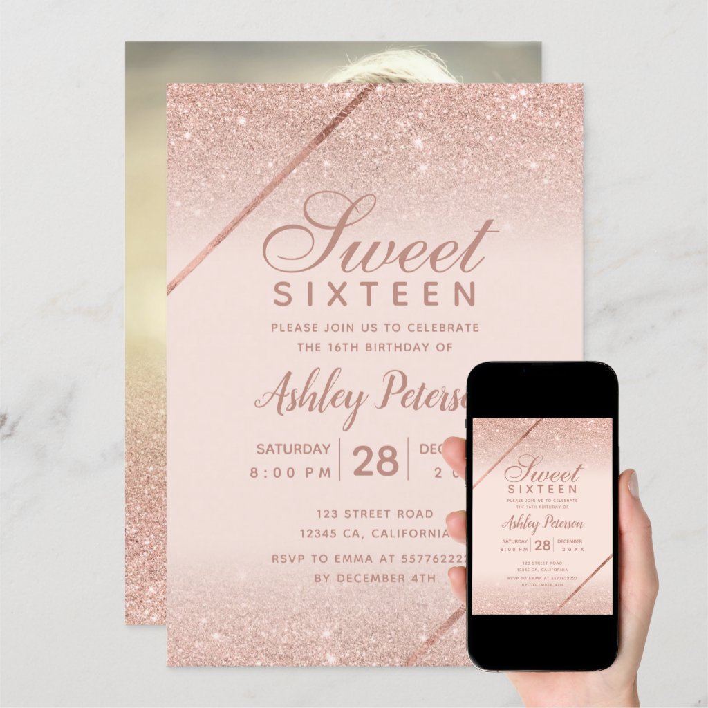 Rose gold glitter script photo blush pink Sweet 16 Invitation