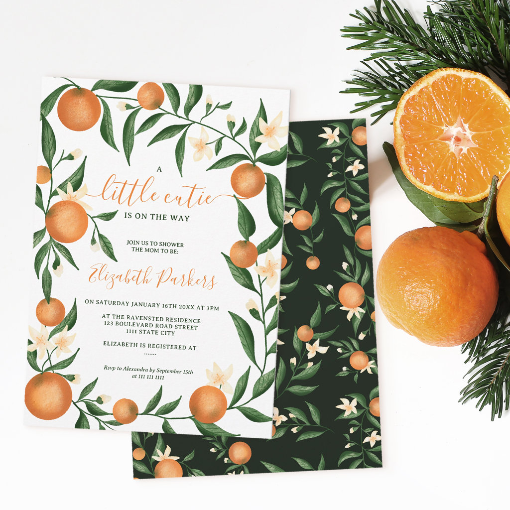 Botanical citrus orange little cutie baby shower invitation