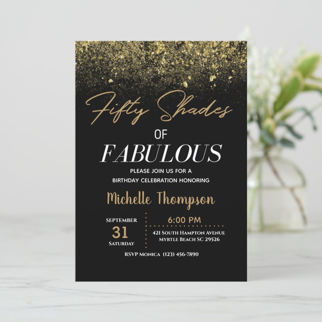 Black and Gold Fifty Shades of Fabulous Birthday Invitation