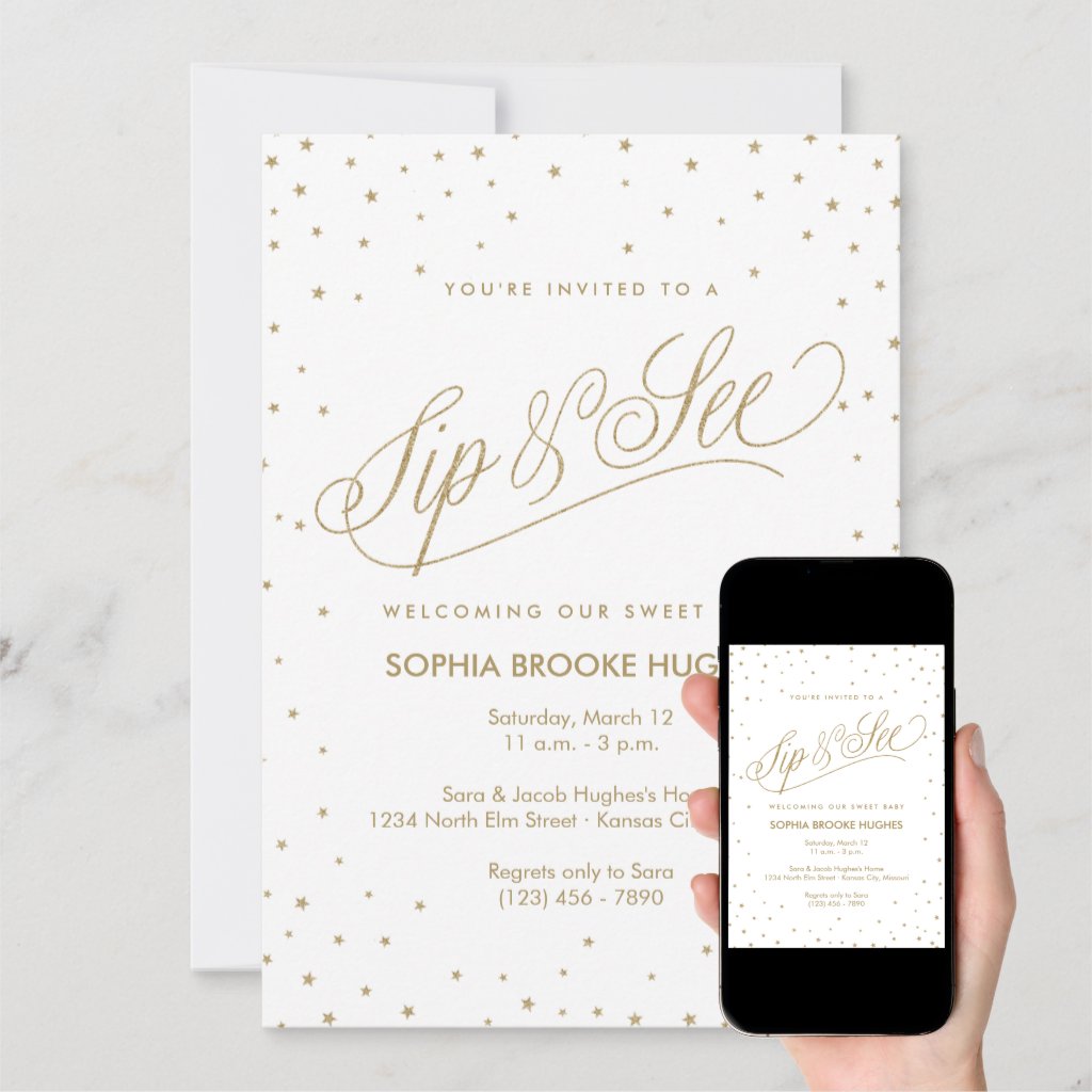 Sparkling Gold Stars Modern Sip and See Shower Invitation