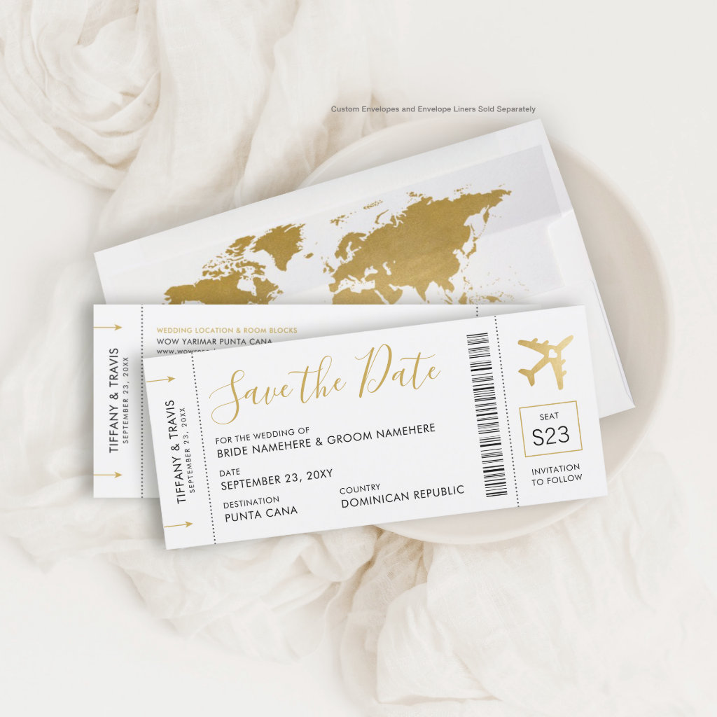 Boarding Pass Ticket Save the Date Gold Plane Card