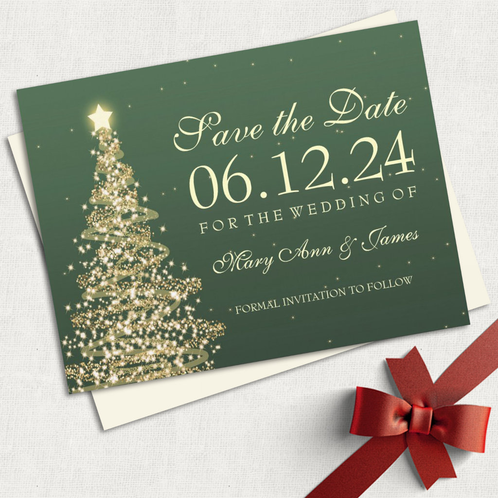 Elegant Christmas Save The Date Green Gold Announcement Postcard