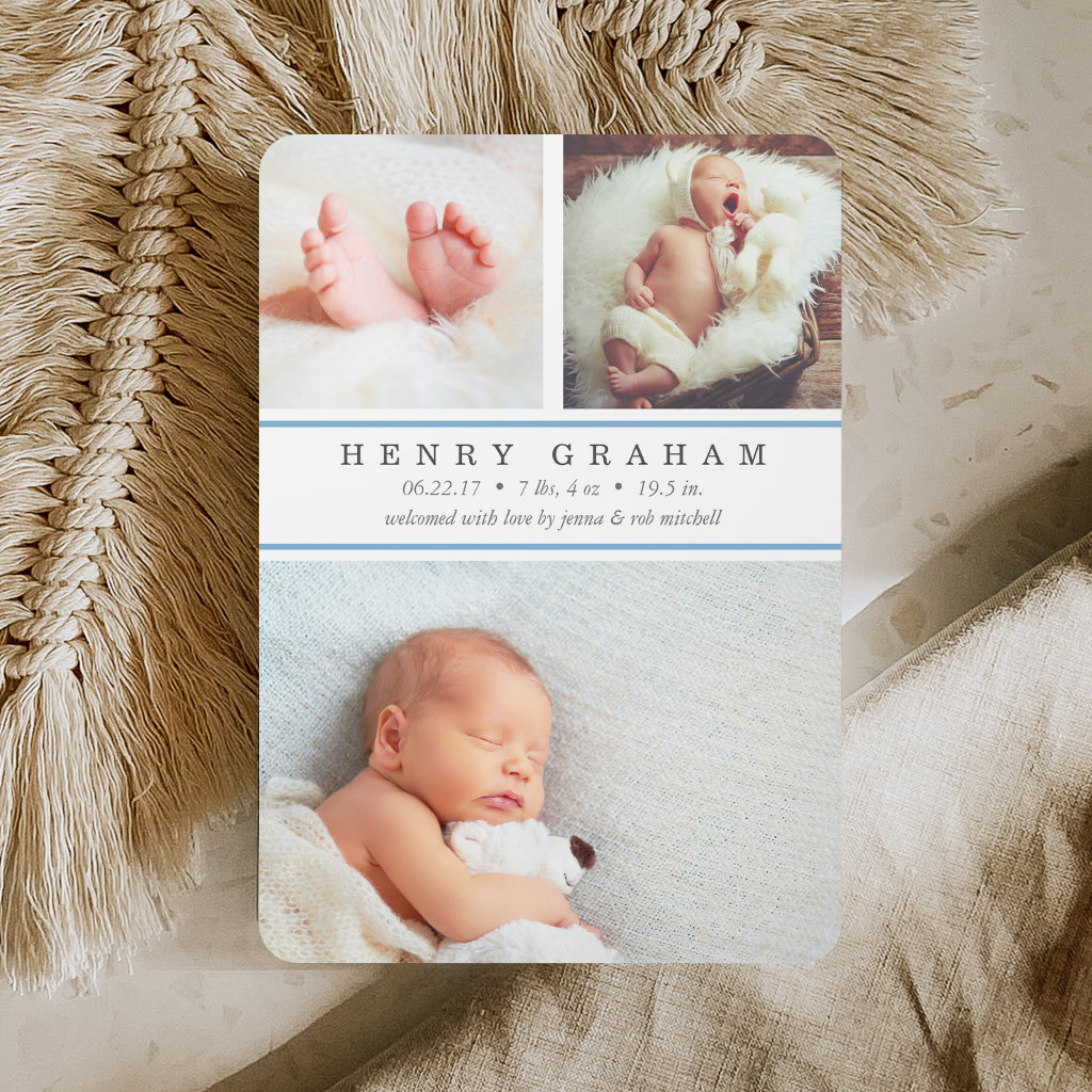 Blue Stripe | Photo Collage Birth Announcement