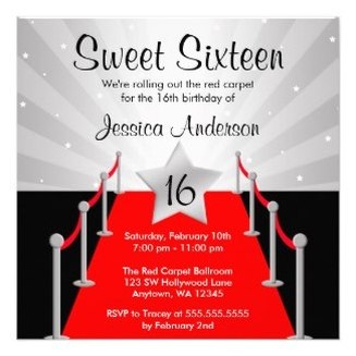 Red Carpet Hollywood Movie Themed Sweet Sixteen Party Invites