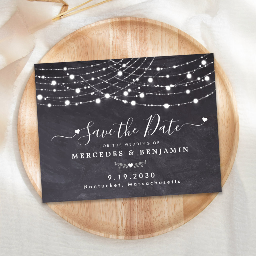 Rustic String Lights Wedding Save The Date Slate Note Card
