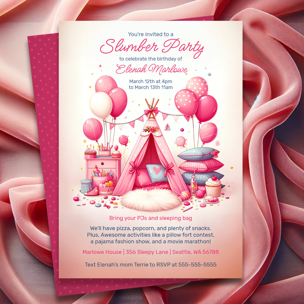 Princess Teepee & Pillows Slumber Birthday Party Invitation