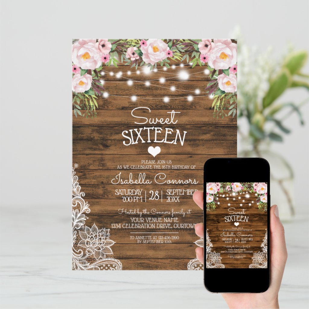 String Lights Wood Floral and Lace Sweet 16 Party Invitation