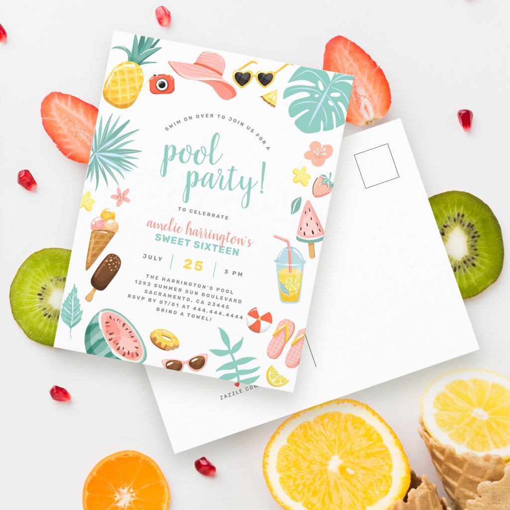 Pool Party | Modern Summer Themed Birthday Party Invitation Postcard
