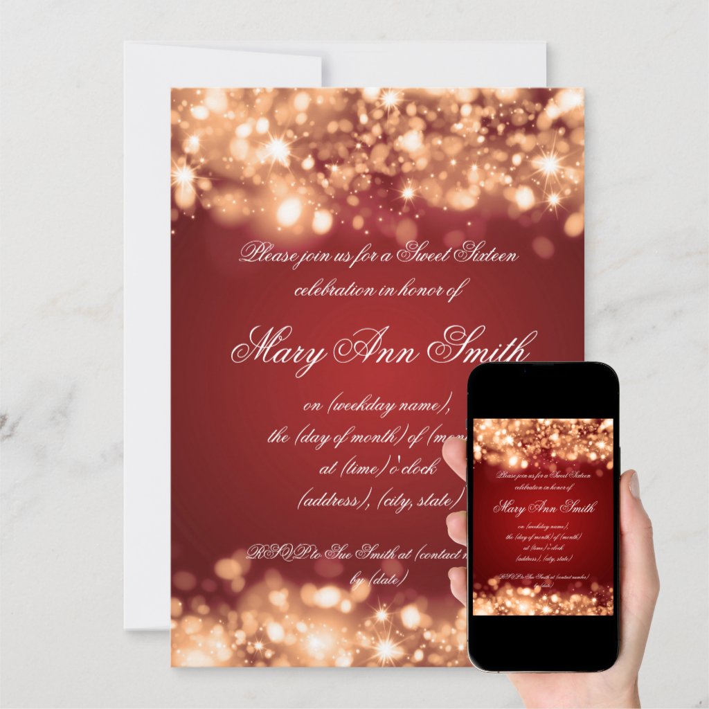 Sweet Sixteen Party Gold Sparkling Lights Invitation